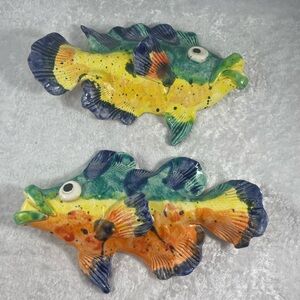 Two Vintage Multi Coloured Ceramic Fish Wall Art Studio Pottery